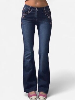 Y2K Dark Blue Embellished Flared Women’s Jeans